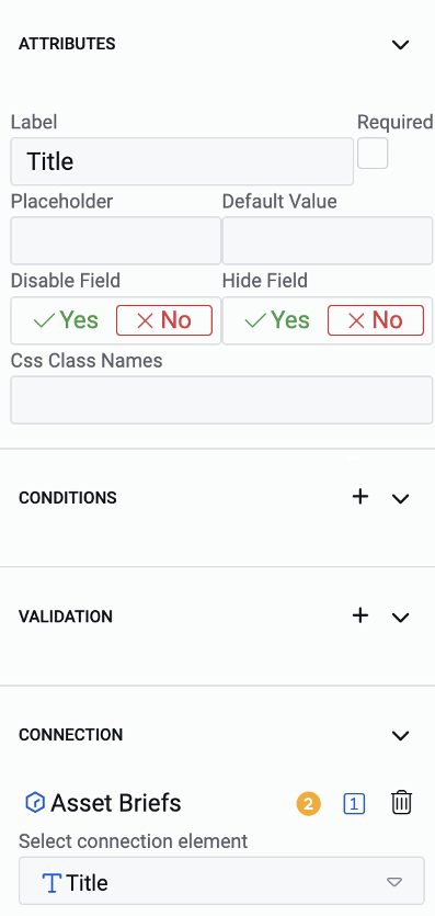 A zoomed-in view of the larger screenshot earlier. This is a screenshot of the &quot;element configuration panel&quot; section of Adaptive. It contains sections that are outlined below.