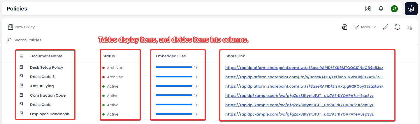 Viewing Data Using Tables | Rapid Platform Docs