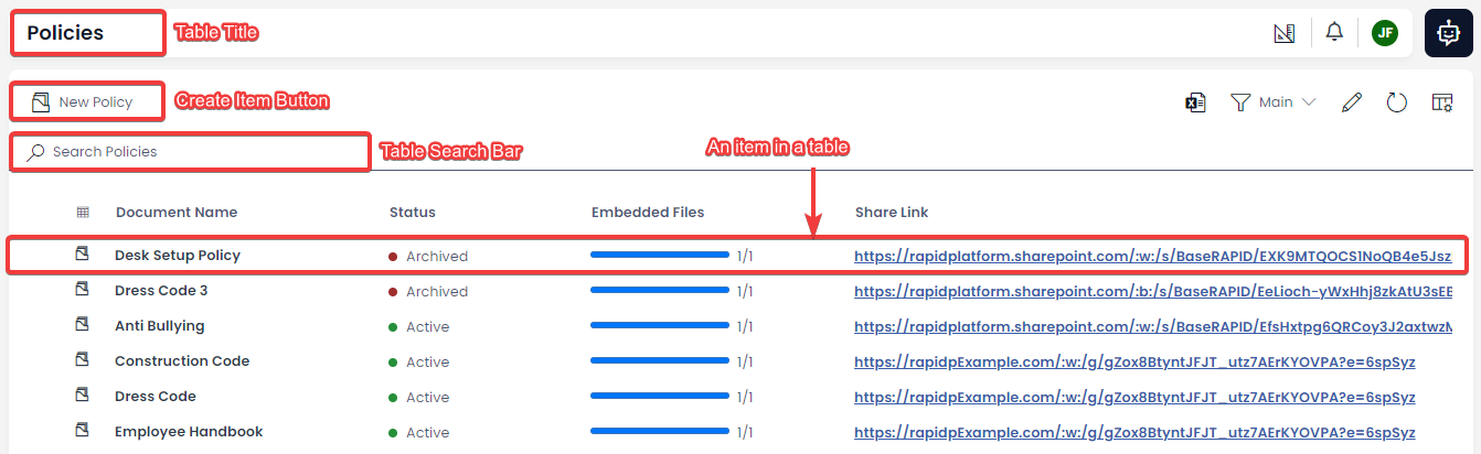 Viewing Data Using Tables | Rapid Platform Docs