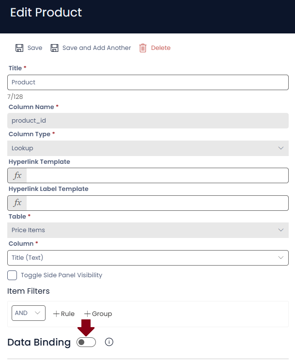 Lookup configuration panel showing Data Binding toggle