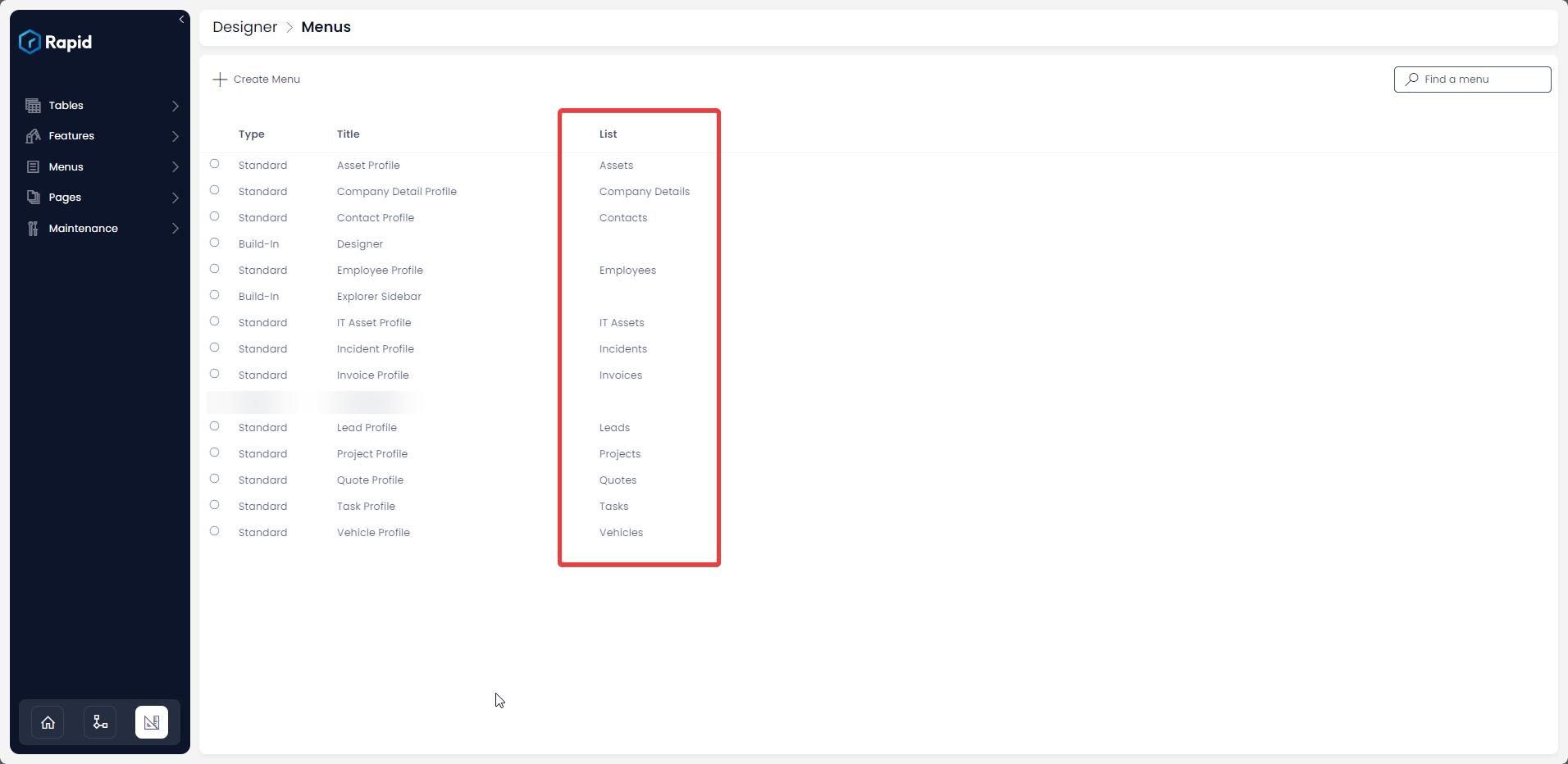 Accessing the list of all Menus | Rapid Platform Docs