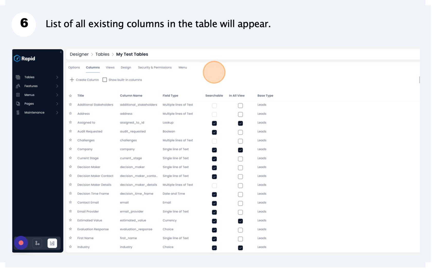 List of existing columns will appear