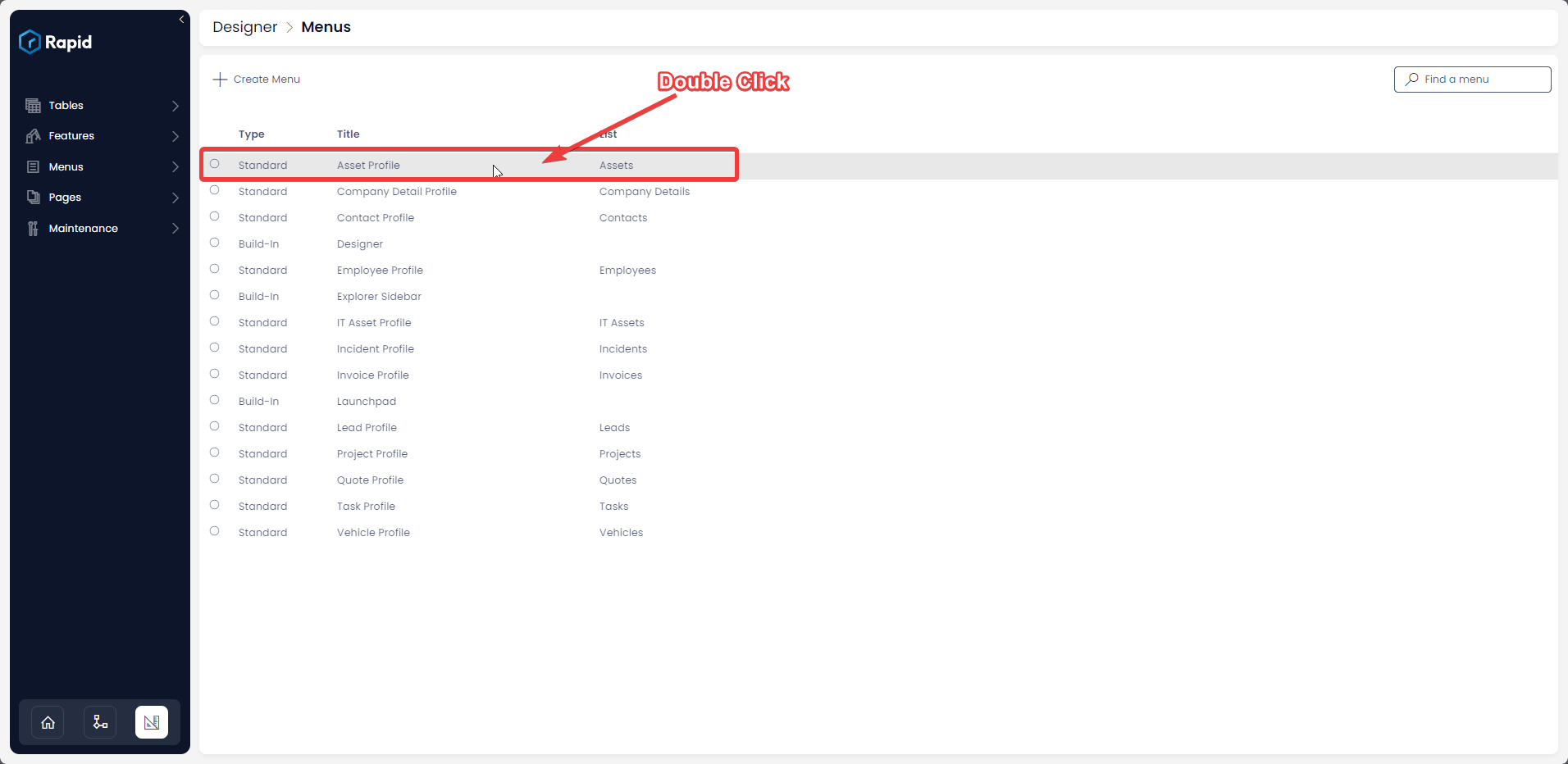 Accessing the list of all Menus | Rapid Platform Docs