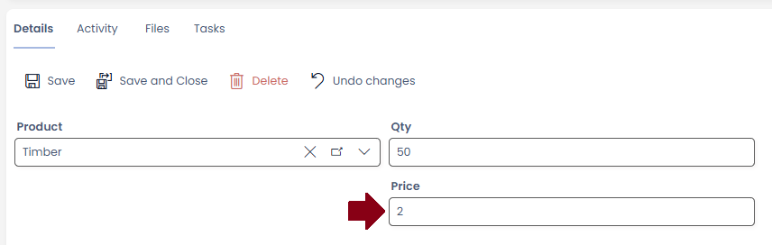 PO Line item with Timber product selected, and price filled with 2