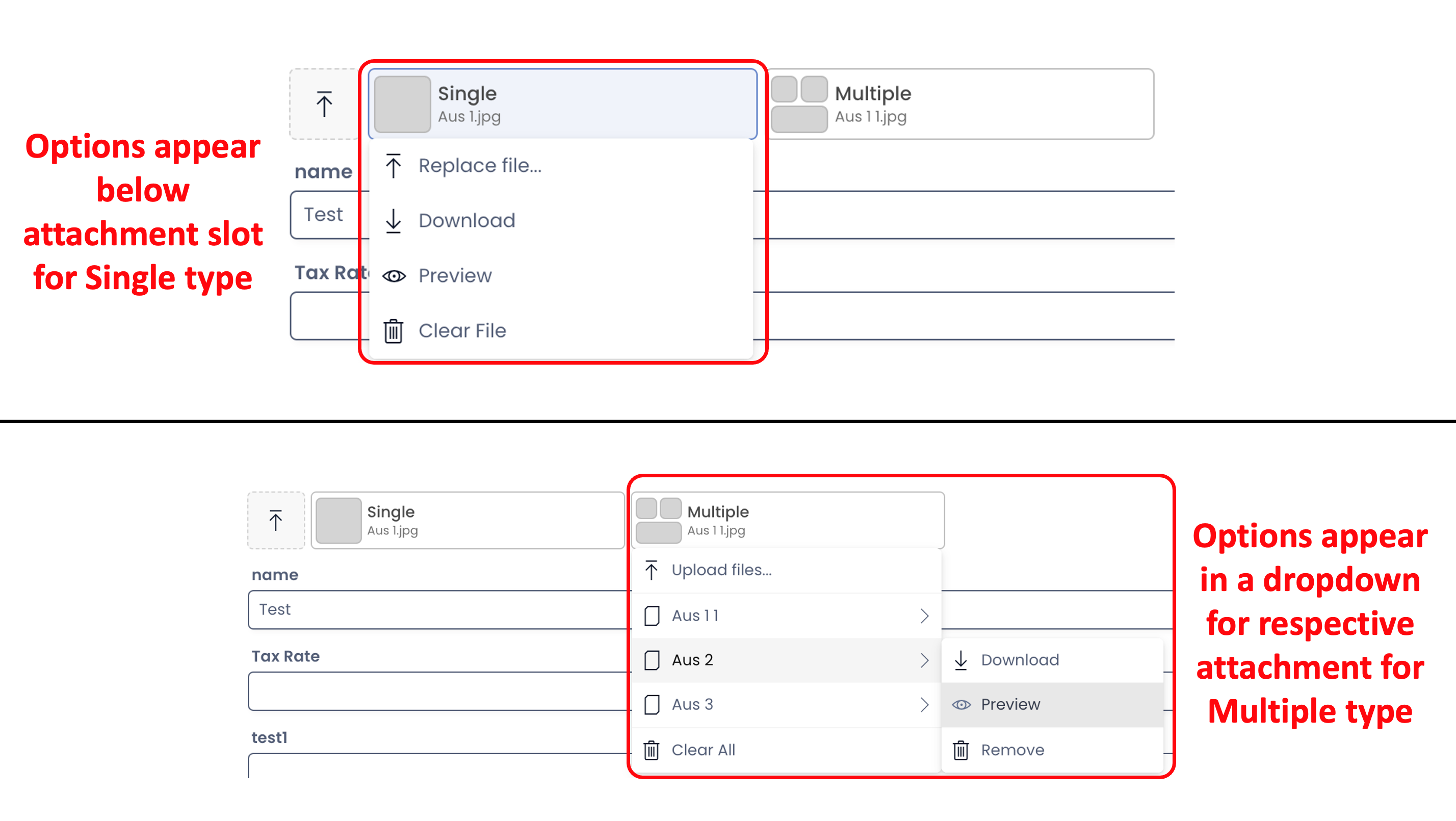 Image showing comparison of how options appear for single and multiple types of attachment slot