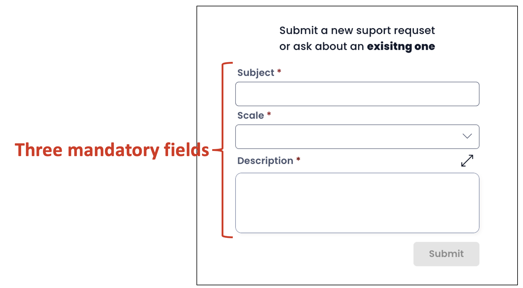 Image showing the three mandatory fields to raise a support ticket