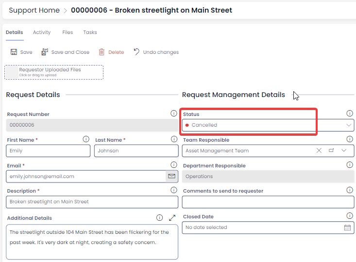 An image depicting how to change the status of a support request. Under &quot;Request Management Details&quot;, there is a choice field titled &quot;Status&quot;. The status of &quot;Cancelled&quot; can be selected from this field. Changing the status of a support request is usually preferable to deleting a support request.