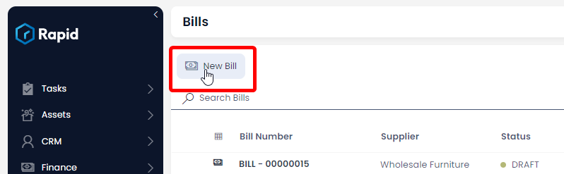 A screenshot depicting the appearance and location of the &quot;New Bill&quot; button in the Command Bar of the &quot;Bills&quot; table. The screenshot is annotated with a red box to highlight the location of the button.
