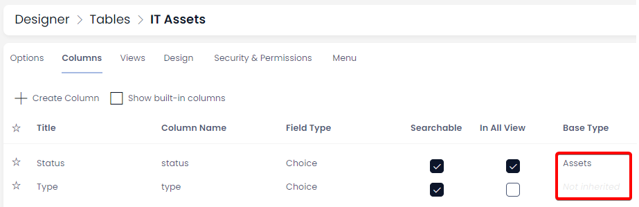 A screenshot of the columns list again. The screenshot is annotated with a red box to draw the reader&#39;s attention to the &quot;Base Type&quot; column on the far right of the page. This column states that the &quot;Status&quot; column on the table is inherited from &quot;Assets&quot;. Therefore, this column does not, in fact, exist on the &quot;IT Assets&quot; table, but on the &quot;Assets&quot; table instead.