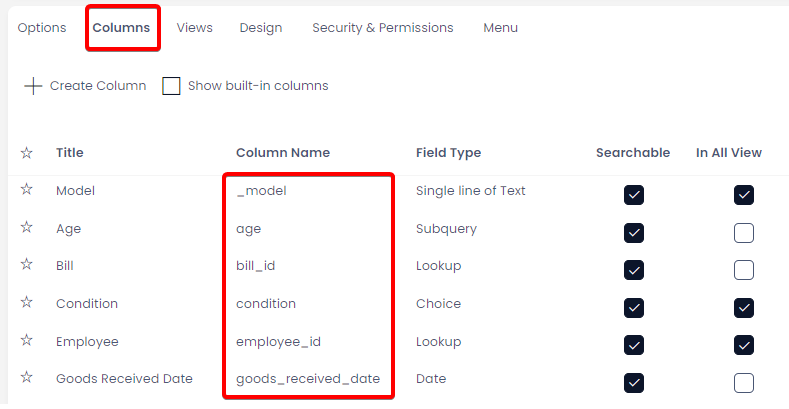 A screenshot of the Designer &gt; Tables page. The screenshot is annotated with a red box to denote that the user has clicked the &quot;Columns&quot; tab at the top of the page. Another red box denotes the &quot;Column Names&quot; column, with the database names of all the columns