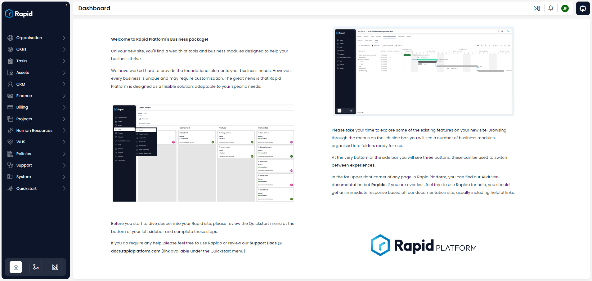 A screenshot of the Rapid dashboard as seen on a Business page. It contains the heading: &quot;Welcome to Rapid Platform&#39;s Business Package!&quot; along with screenshots and informative paragraphs.