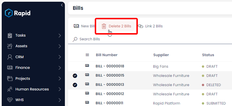 A screenshot of the &quot;Delete X Bills&quot; button at the top of the &quot;Bills&quot; data table. The button has a red icon of a trash can, and a red label that reads &quot;Delete 2 Bill&quot;. This is because there are two items selected in the data table underneath the button. The screenshot is annotated with a red box to highlight the location of the button.