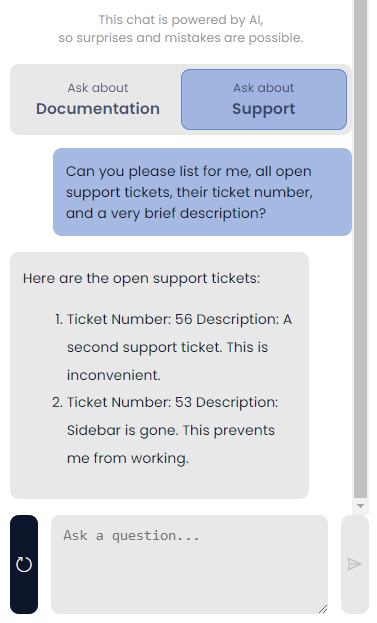 A picture showing an example of querying the chatbot about support tickets
