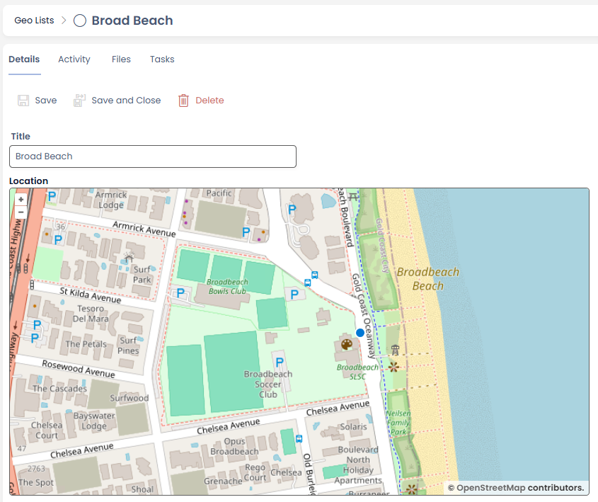 Location field showing a map and a point