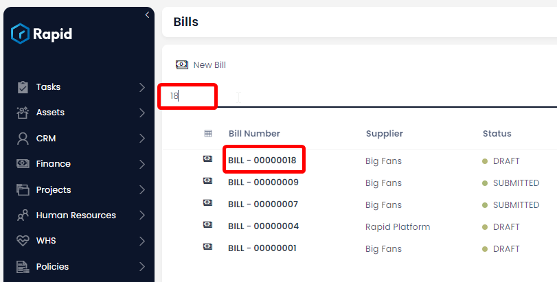 A screenshot of the user searching for a particular bill. In the screenshot, the user has searched for &quot;18&quot; in the search filter, and this has produced an item at the top of the list that reads: &quot;BILL - 00000018&quot;. Both the search filter and the title of the bill that has been found are annotated with a red box to draw the reader&#39;s attention to them.