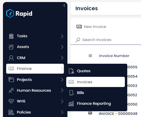 A screenshot of the user navigating to the &quot;Invoices&quot; page via the Explorer sidebar. The user has first selected the &quot;Finance&quot; folder, which has an icon of a stack of cash. The user has then pressed the &quot;Invoices&quot; menu button, which has the same icon. Both menu items that have been pressed have a white background with navy text, whereas the items that have not been selected have the opposite appearance (navy background with white text).