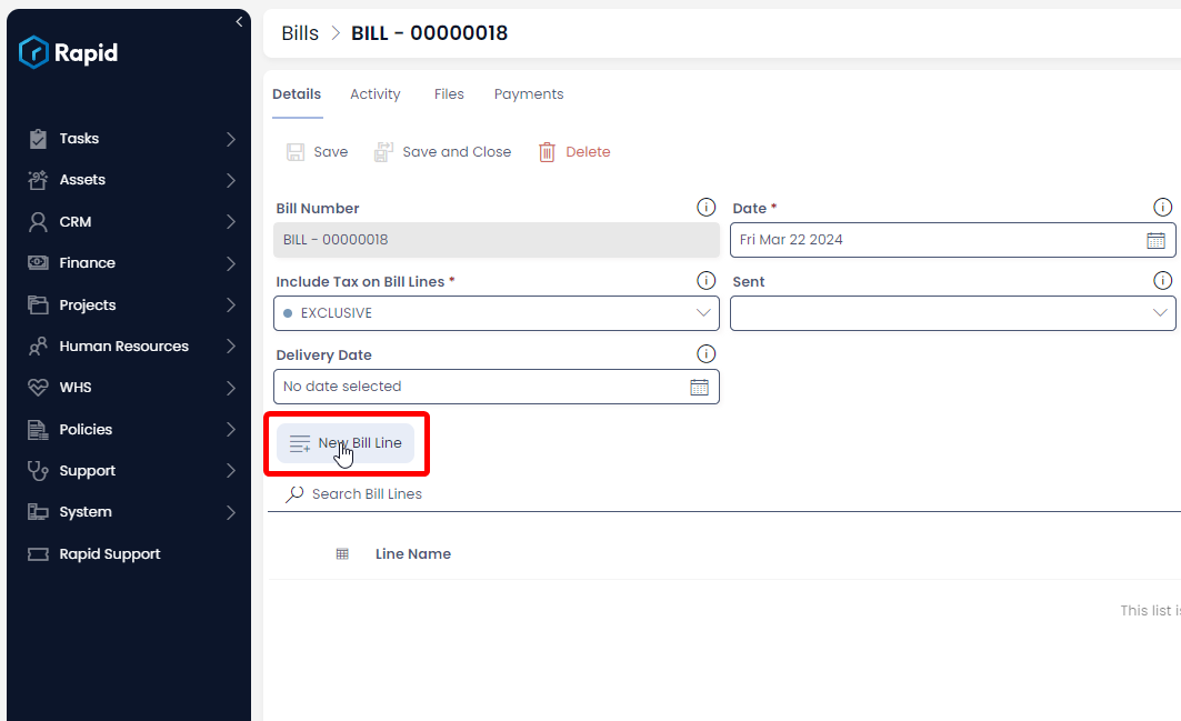 A screenshot of a Bill item page, with the user clicking on the &quot;New Bill Line&quot; button in the middle of the page. The screenshot is annotated with a red box to highlight the location of the &quot;New Bill Line.&quot;