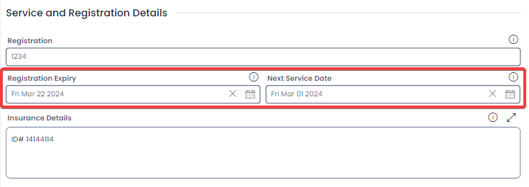 A screenshot that shows the location of the &quot;Registration Expiry&quot; and &quot;Next Service Date&quot; fields. The page section is titled &quot;Service and Registration Details. The screenshot is annotated with a red box to highlight the relevant fields.